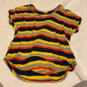 Airy soft yellow blue and red striped V-neck
